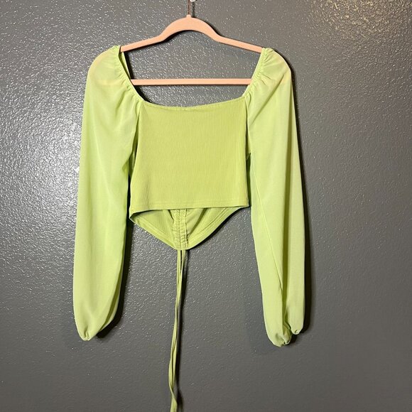 Shein Size M Lime Green Ruched Tie-Front Sheer Sleeve Crop Top - Picture 3 of 3